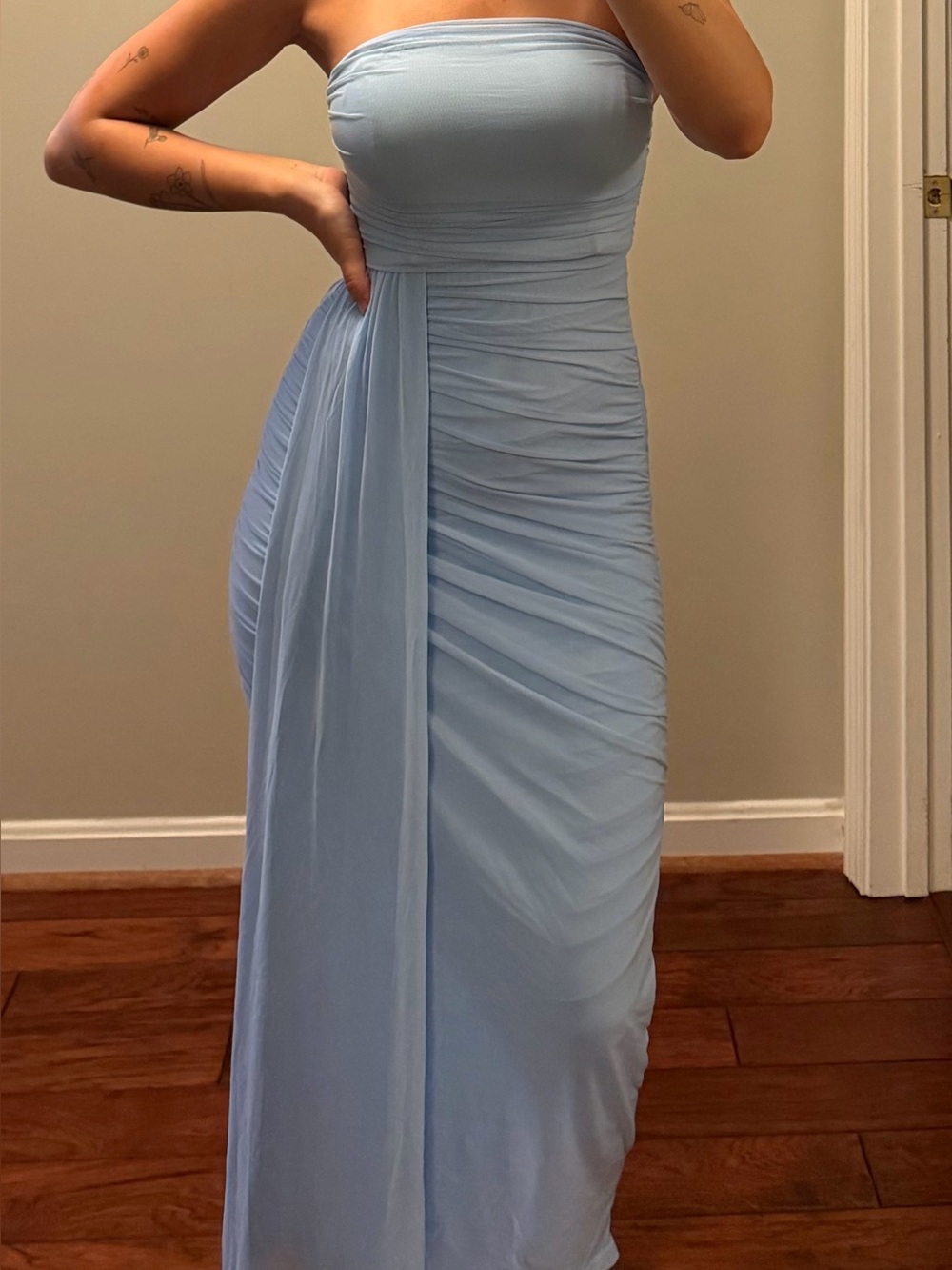 Hello Molly Strapless Light Blue Ruched Maxi Dress